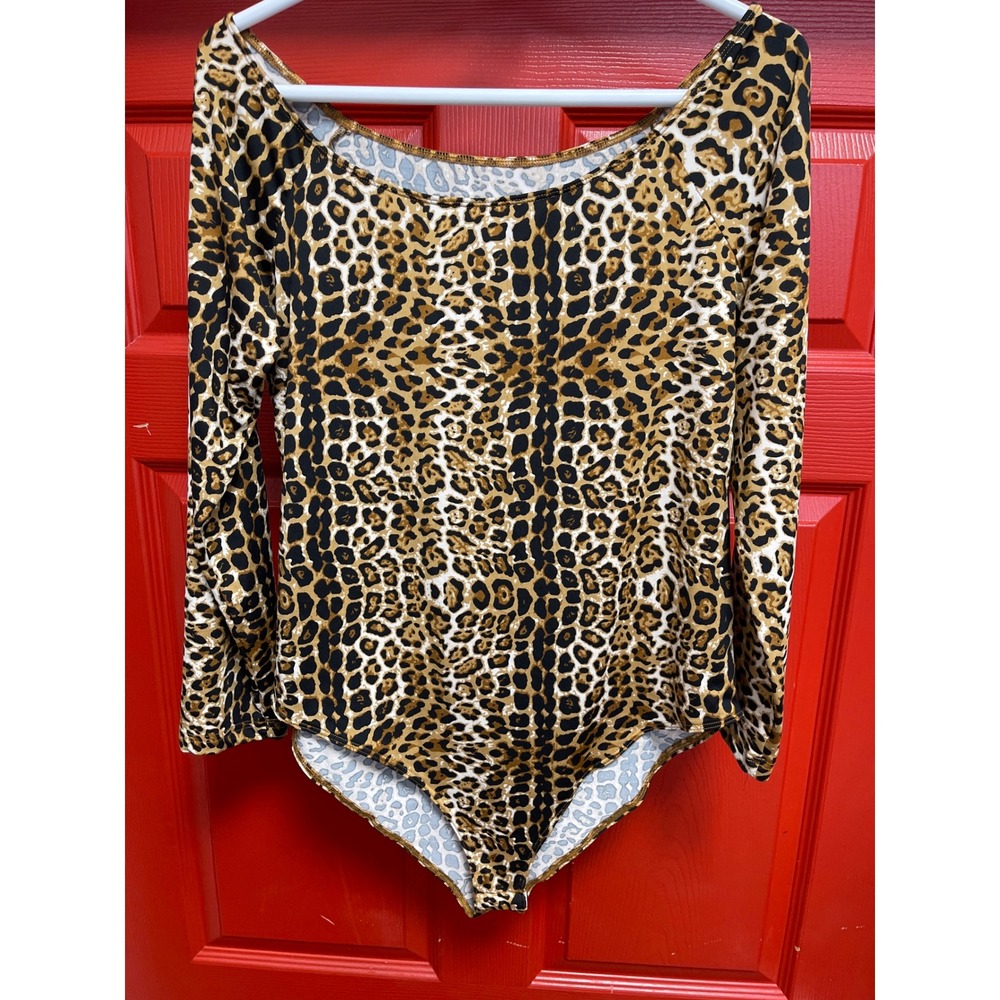 MANGOPOP Leopard Print Long Sleeve Bodysuit XXL Brown Black Animal Scoop Neck